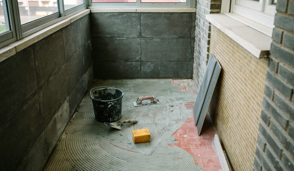 Tile laying work on floor